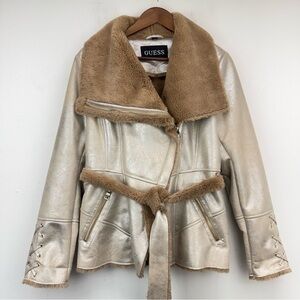 Guess size Large Women’s Gold Faux Leather & Fur Full Zip Belted Moto Jacket